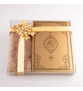 Şal + Tesbih + Kuran Hediye Seti (Orta Boy, Standart Cilt, Gold)