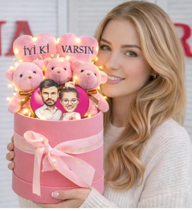 Sevgililer Gününe Özel İyi ki Varsın Tasarımlı Led Işıklı Pembe Peluş Ayıcık Karikatür Sepeti