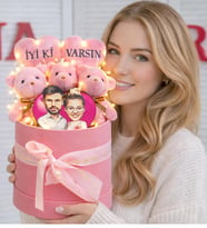 Sevgililer Gününe Özel İyi ki Varsın Tasarımlı Led Işıklı Pembe Peluş Ayıcık Karikatür Sepeti