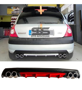 Renault Clio 2 HB Difüzör Arka Tampon Eki 4 Egzoz Çıkışlı Kırmızı Lüx Tip