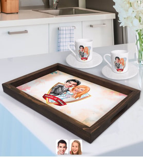 BK Gift Kişiye Özel İsimli Evleniyoruz Karikatürlü Doğal Ahşap Tepsi ve 2’li Kahve Fincan Seti-5
