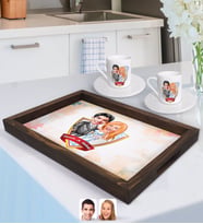BK Gift Kişiye Özel İsimli Evleniyoruz Karikatürlü Doğal Ahşap Tepsi ve 2’li Kahve Fincan Seti-5