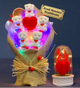 Size Özel RENKLİ Led Işıklı Ayıcık Buketi ve Led Işıklı Fanus - Premium Hediye Seti (Model 6)