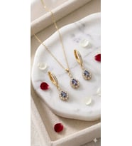 925 Ayar Kişiye Özel Doğum Taşlı Damla Taşlı Safir Yakut Zümrüt Kolye Küpe Set.rose.gold.rodaj
