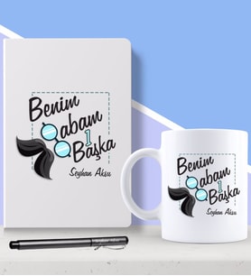 BK Gift Kişiye Özel Benim Babam 1 Başka Tasarımlı Beyaz Defter Kalem ve Kupa Seti-1 (Model 1)