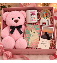Sevgiliye Romantik Hediye Kutusu Büyük Pembe Peluş Ayıcık Kar Küresi Kupa Defter ve Fotoğraf Kişiye Özel Sürpriz Hediye
