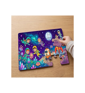 Uzayda Mutlu Astronot Çocuklar Tasarımlı 24 Parça Ahşap Çocuk Puzzle