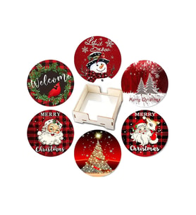 BİLGE tasarım Noel Yılbaşı Ahşap Bardak Altlığı - 6 lı set Set AHŞAP ÖZEL TASARIM KUTULU
