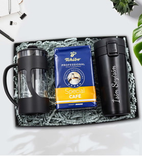 Kişiye Özel 350 ML Kilitli Siyah Çelik Termos & Siyah French Press & Tchibo Special Filtre Kahve Hediye Seti