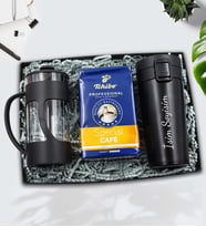 Kişiye Özel 350 ML Kilitli Siyah Çelik Termos & Siyah French Press & Tchibo Special Filtre Kahve Hediye Seti