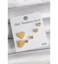 316L Çelik Gold Renk Zirkon Taşlı Kalpli Kadın Küpe Seti 5886