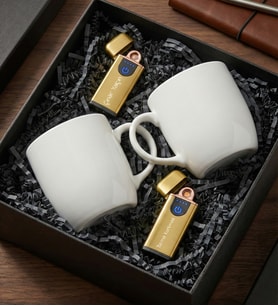Kişiye Özel 2'li Sarı USB Çakmak & 2'li Beyaz Kupa Hediye Seti