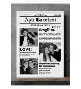 Kişiye Özel Fotoğraflı Aşk Gazetesi Çerçevesi – Sevgiliye Özel Hatıra Tablosu