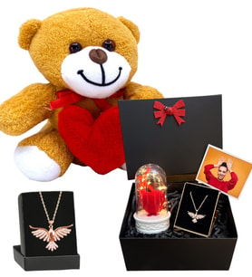Zümdürü Anka Kuşu Kolyeli Fotoğraflı Premium Set - Sevimli Kalpli Peluş Ayıcıklı (Model 5)