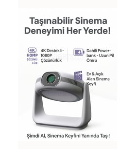 4K Destekli 1080P Android P1 Projeksiyon Cihazı Taşınabilir Powerbankli Ev Sineması (Beyaz)