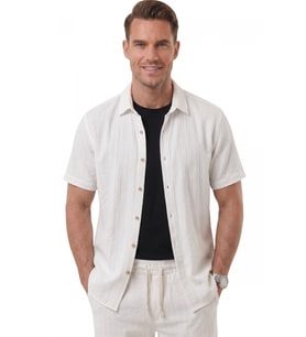DeepSEA Beyaz Slim Fit Çizgi Dokulu Keten Görünümlü Kısa Kol Erkek Spor Gömlek 2602648
