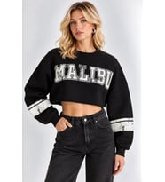 Malibu Baskılı Rahat Kesim Bisiklet Yaka Crop Sweatshirt - Kırmızı