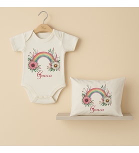 Pia Baby Premium %100 Pamuk İsme Özel Organik Baskılı Çıtçıtlı Bebek Body Ve Yastık Kılıfı 5054-19 (Ekru)