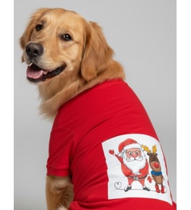Noel Baba ve Geyik Baskılı Kırmızı Pamuklu Yılbaşı Köpek Tişörtü  Orta ve Büyük Irklar İçin