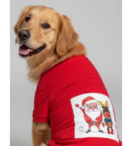 Noel Baba ve Geyik Baskılı Kırmızı Pamuklu Yılbaşı Köpek Tişörtü  Orta ve Büyük Irklar İçin