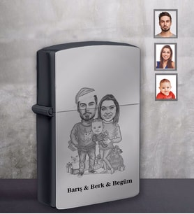 Kişiye Özel Yılbaşı Aile Karikatürlü Siyah Benzinli Çakmak Model-3