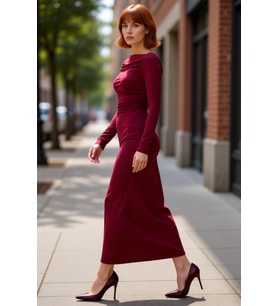 Kadın Midi Boy Kayık Yaka Bodycon Elbise Standart Kollu Büzgülü Düz Örme Kumaş Her Ortama Uygun