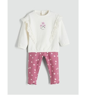 LCW baby Bej Bisiklet Yaka Çiçekli Kız Bebek Sweatshirt Ve Tayt 2'li