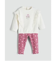 LCW baby Bej Bisiklet Yaka Çiçekli Kız Bebek Sweatshirt Ve Tayt 2'li