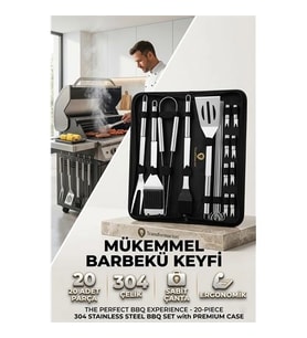 Profesyonel Barbekü Seti 20 Parça Çantalı Paslanmaz Çelik Mangal Maşa Spatula Fırça Şiş 723132