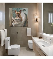 Tekli Kare Kanvas Banyo Tablosu Gazete Okuyan French Bulldog Köpek