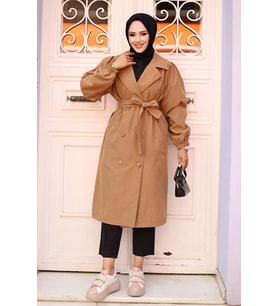 Omzu pileli Detaylı Trençkot  Camel 4429