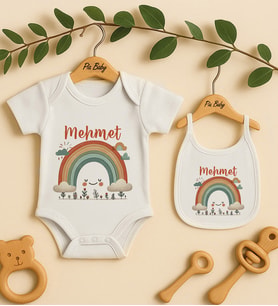 Pia Baby Premium %100 Pamuk İsme Özel Organik Baskılı Çıtçıtlı Bebek Body Ve Önlük 5076-20 (Ekru)