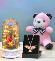 Anka Kuşu Kolye, Peluş Anahtarlık ve Led Işıklı Fanus Premium Hediye Seti (Model 8)