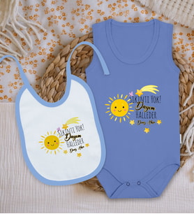BK Kids Kişiye Özel Dayım Halleder Tasarımlı Mavi %100 Pamuklu Askılı Sıfır Kol Bebek Body Zıbın ve Mama Önlüğü Hediye Seti