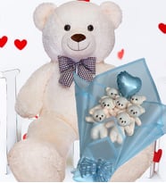 Premium 90 cm Peluş Ayı ve Premium Kalp Balonlu Romantik Mavi Peluş Ayıcık Buketi - Yılbaşı, Yeniyıl Hediyesi (Beyaz)