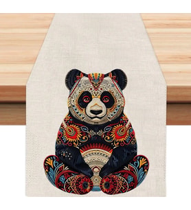 Renkli Panda Tasarımlı Runner, Runer, Masa Örtüsü, Sofranıza Zarafet Katın Runner (Krem)
