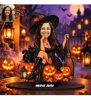 BK Gift Kişiye Özel Halloween Cadılar Bayramı Kadın Cadı Karikatürlü MDF Masaüstü Biblo