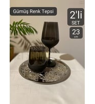 2’li Set Lüx Sunum Tepsisi Paslanmaz Kahve Tepsisi Çelik Tepsi Yuvarlak Çeyizlik Tepsi 23 cm