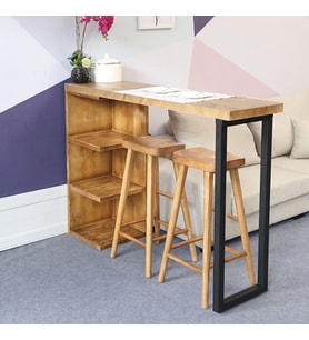 HNC HOME Ahşap Doğal Çam 3 Raflı Metal İskeletli Masa, Ahşap Mutfak Masası, Bar Masası