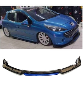 Peugeot 207 Mavi Renkli Şeritli Dilli Ön Lip 4 Prç Parlak Siyah ABS