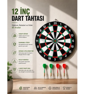 12 İnç Ahşap Dart Tahtası 4 Adet Metal Uçlu Dart Oku Dahil