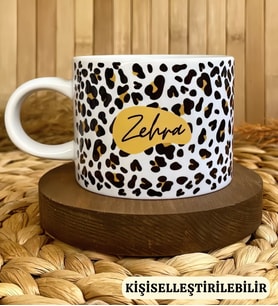 Kişiye Özel İsimli Leopar Desenli Porselen Fincan Kupa 150 ml