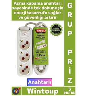 #Priz Dayanıklı Güvenli Elektrik Ofis TV Yanı 3'lü Topraklı Anahtarlı 3 Metre Kablolu Şık Grup Priz