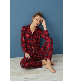 Dreamy Christmas Pamuklu Süet Yılbaşı Temalı Ekoseli Pijama Takımı (Kırmızı)