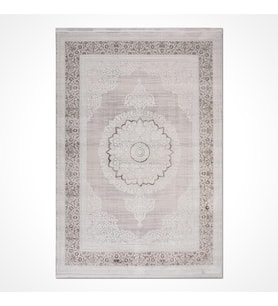 Gri Salon Halısı Klasik Stil Madalyon Desenli Bordürlü Yumuşak Yüzeyli Modern Makine Dokuma