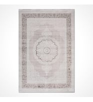 Gri Salon Halısı Klasik Stil Madalyon Desenli Bordürlü Yumuşak Yüzeyli Modern Makine Dokuma