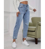 Kadın Yırtık Detay Mom Fit Jean Kot Pantolon