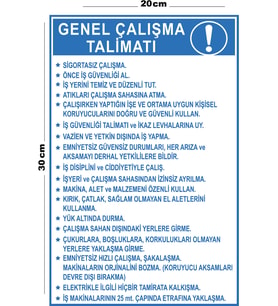 Metal Genel Çalışma Talimatı 20cm x 30cm A4 Büyüklüğünde Uyarı Levhası Yönlendirme Tabelası