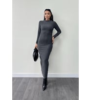 Triko Dokuma Kumaş Büzgü Detaylı Elbise - GRİ