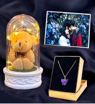Kişiye Özel Fotoğraflı Led Işıklı Peluş Ayıcıklı Fanus  Kelebek Kolyeli  Sevgiliye Hediye